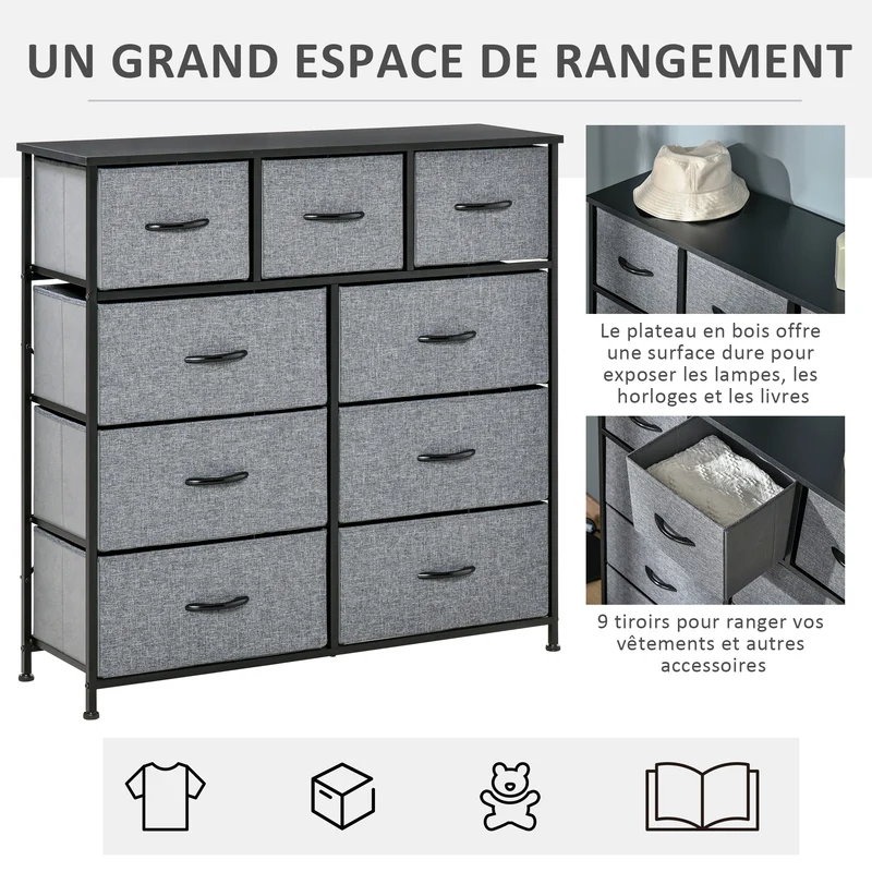Commode de rangement 9 tiroirs pratique 100 x 30 x 100 cm gain de place anti basculement style moderne en polyester gris 21_0001484