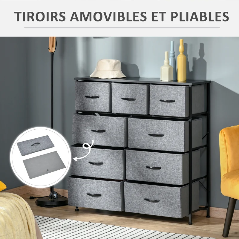 Commode de rangement 9 tiroirs pratique 100 x 30 x 100 cm gain de place anti basculement style moderne en polyester gris 21_0001484