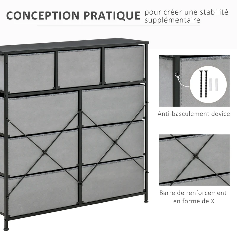 Commode de rangement 9 tiroirs pratique 100 x 30 x 100 cm gain de place anti basculement style moderne en polyester gris 21_0001484