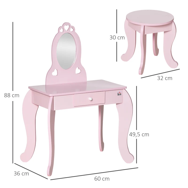 Coiffeuse enfant miroir ovale 60 x 36 x 88 cm tiroir rangement assise tabouret confort décoratif tendance en MDF rose 21_0000142