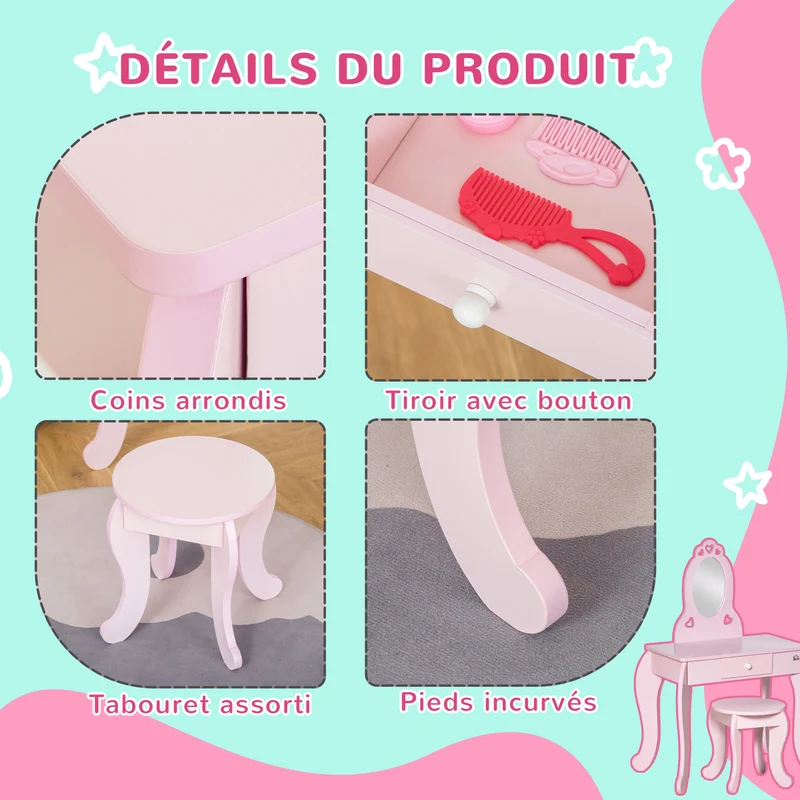 Coiffeuse enfant miroir ovale 60 x 36 x 88 cm tiroir rangement assise tabouret confort décoratif tendance en MDF rose 21_0000142