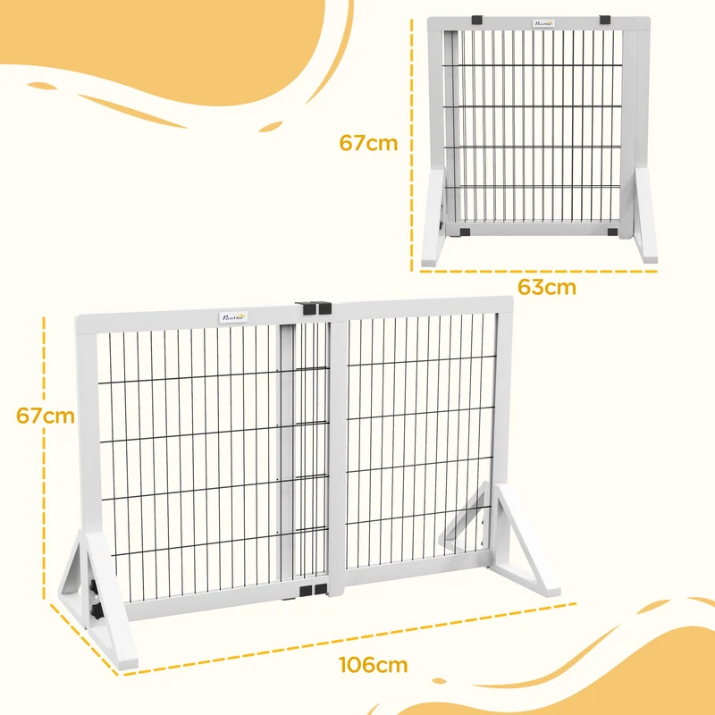 Barrière de sécurité pour chien autoportante réglable 63-106 x 44 x 67 cm antidérapante stable style épuré en bois blanc 21_0007459