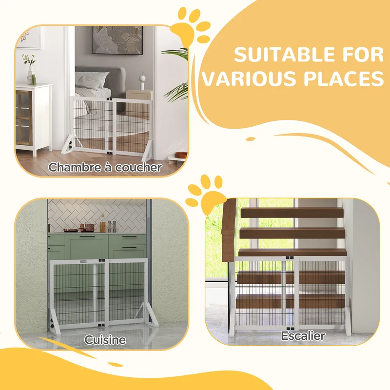 Barrière de sécurité pour chien autoportante réglable 63-106 x 44 x 67 cm antidérapante stable style épuré en bois blanc 21_0007459