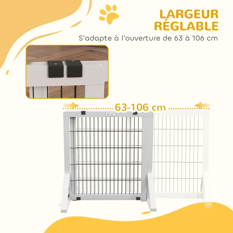 Barrière de sécurité pour chien autoportante réglable 63-106 x 44 x 67 cm antidérapante stable style épuré en bois blanc 21_0007459