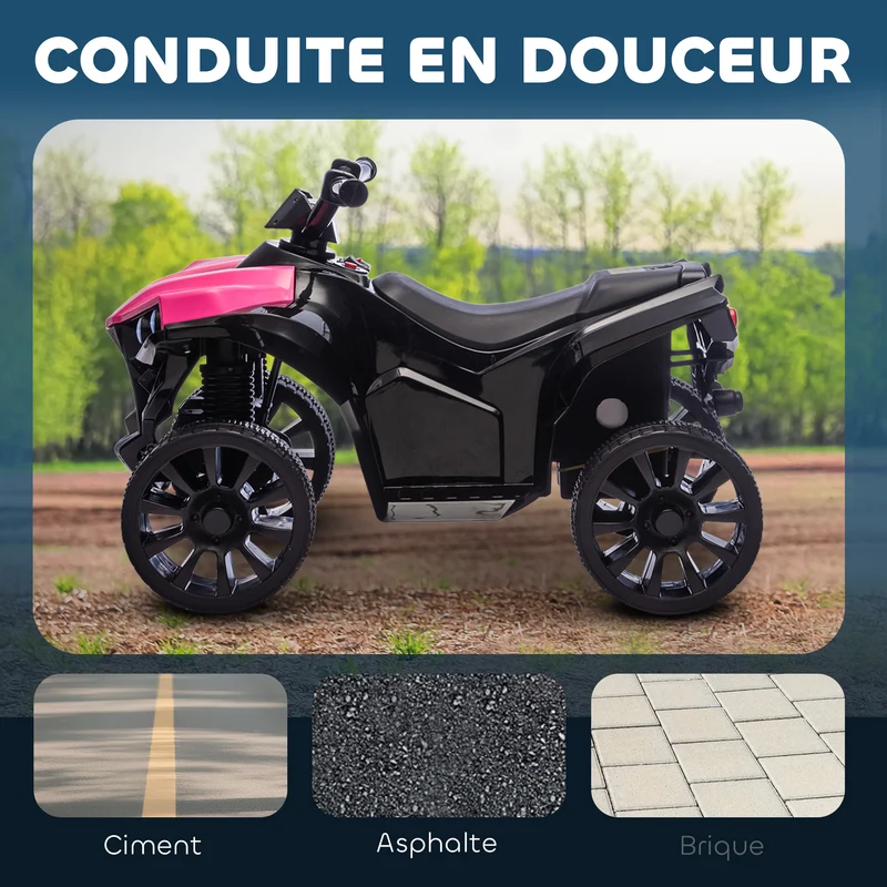 Quad électrique enfant jardin 70 x 42 x 45 cm musique intégrée phares lumineux assise stable design tendance en PP rose 21_0000622