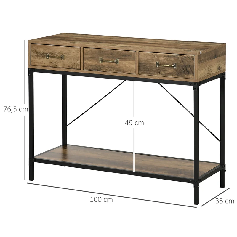 Console d'entrée industrielle 100 x 35 x 77 cm 3 tiroirs étagère épurée contemporaine en bois d'ingénierie marron clair 21_0002670