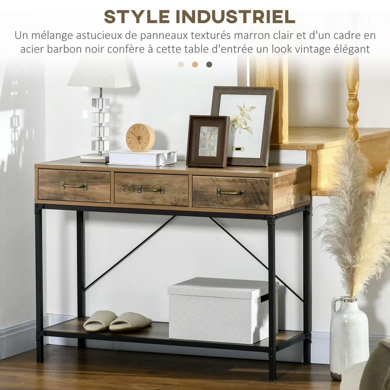Console d'entrée industrielle 100 x 35 x 77 cm 3 tiroirs étagère épurée contemporaine en bois d'ingénierie marron clair 21_0002670