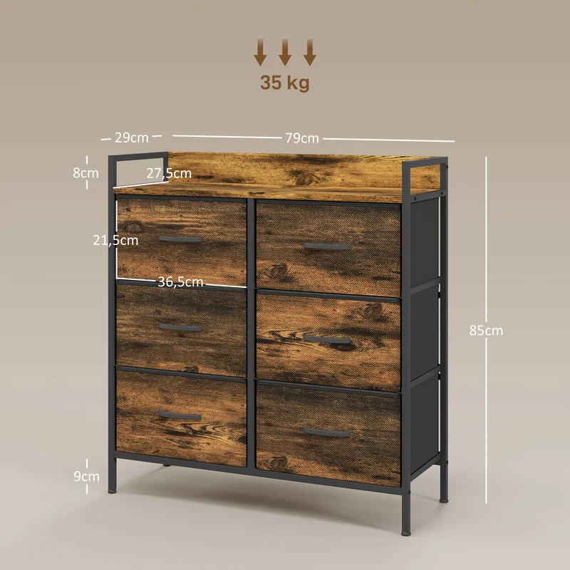 Commode de rangement pour chambre 79 x 29 x 85 cm 6 tiroirs pliables stable style industriel rustique en acier brun 21_0001601