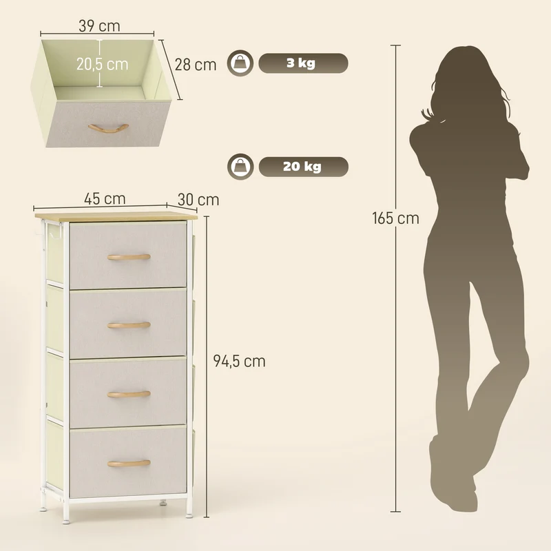 Commode chambre tissu 4 tiroirs 45 x 30 x 94,5 cm gain de place poches et crochets moderne en tissu non tissé beige 21_0003750