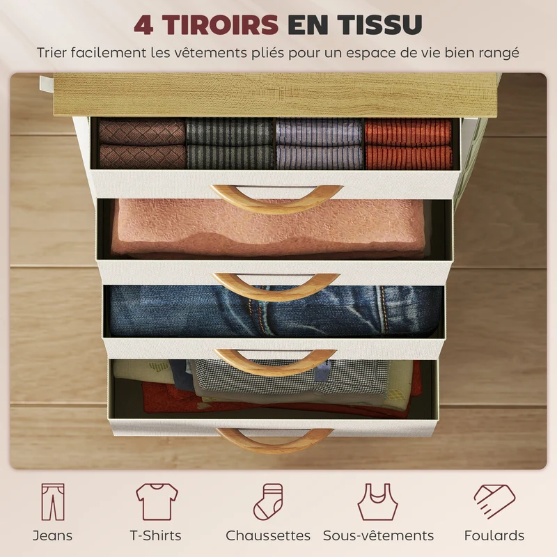 Commode chambre tissu 4 tiroirs 45 x 30 x 94,5 cm gain de place poches et crochets moderne en tissu non tissé beige 21_0003750