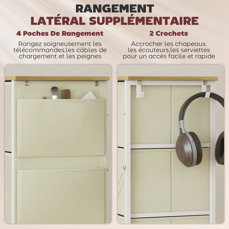 Commode chambre tissu 4 tiroirs 45 x 30 x 94,5 cm gain de place poches et crochets moderne en tissu non tissé beige 21_0003750