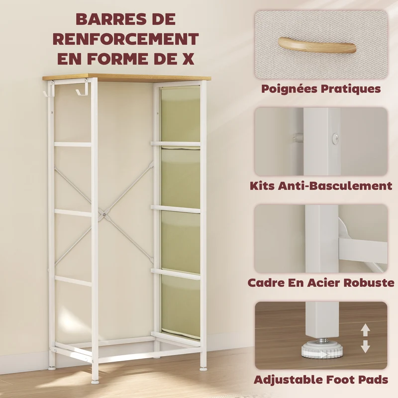 Commode chambre tissu 4 tiroirs 45 x 30 x 94,5 cm gain de place poches et crochets moderne en tissu non tissé beige 21_0003750