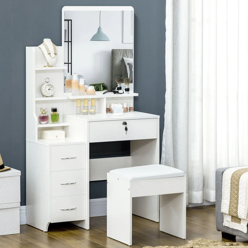 Coiffeuse miroir avec tabouret rembourré 80 x 38 x 143 cm 4 tiroirs antibasculement épuré en panneau de particules blanc 21_0001508