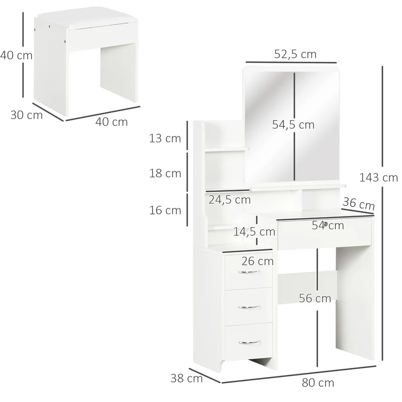 Coiffeuse miroir avec tabouret rembourré 80 x 38 x 143 cm 4 tiroirs antibasculement épuré en panneau de particules blanc 21_0001508