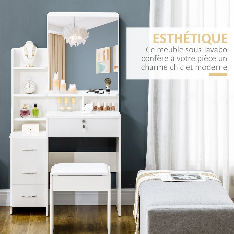 Coiffeuse miroir avec tabouret rembourré 80 x 38 x 143 cm 4 tiroirs antibasculement épuré en panneau de particules blanc 21_0001508