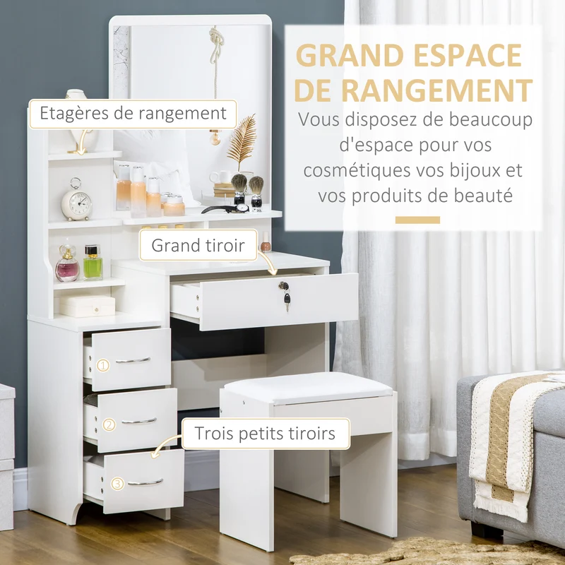 Coiffeuse miroir avec tabouret rembourré 80 x 38 x 143 cm 4 tiroirs antibasculement épuré en panneau de particules blanc 21_0001508