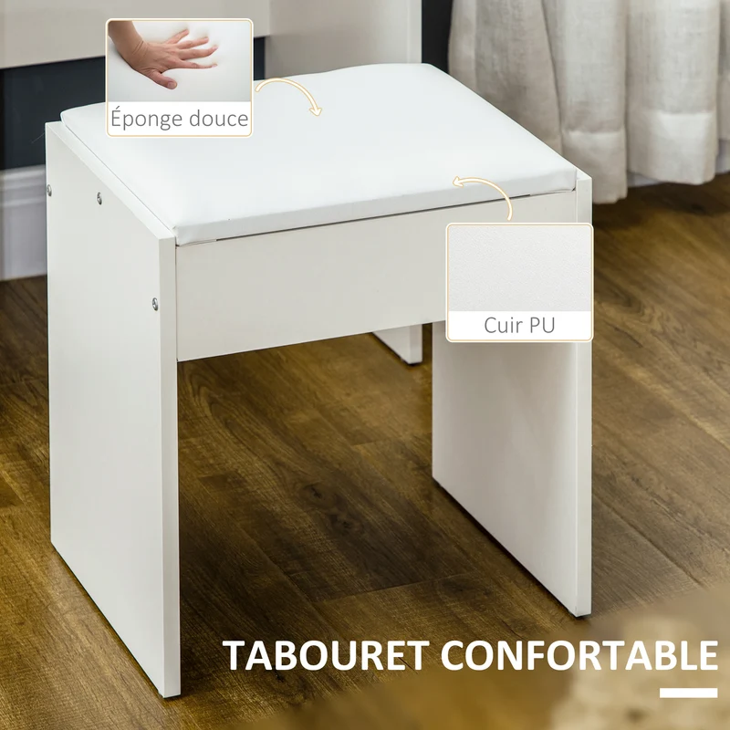 Coiffeuse miroir avec tabouret rembourré 80 x 38 x 143 cm 4 tiroirs antibasculement épuré en panneau de particules blanc 21_0001508