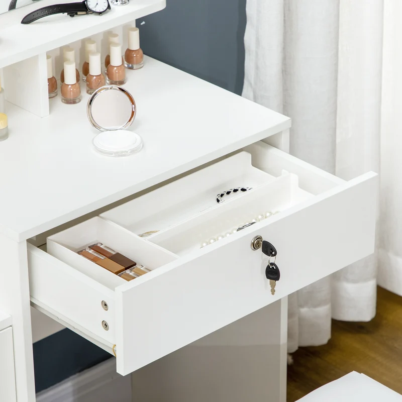 Coiffeuse miroir avec tabouret rembourré 80 x 38 x 143 cm 4 tiroirs antibasculement épuré en panneau de particules blanc 21_0001508