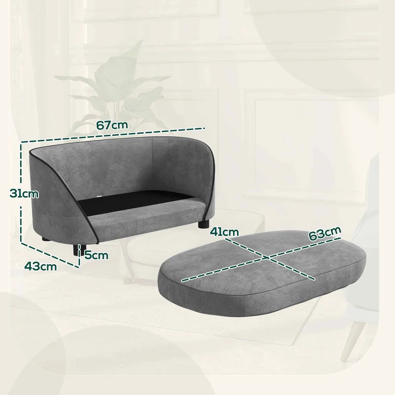 Canapé pour chien et chat petit à moyen 67 x 43 x 31 cm coussin moelleux housse lavable moderne épuré en velours gris 21_0007369