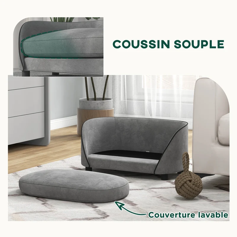 Canapé pour chien et chat petit à moyen 67 x 43 x 31 cm coussin moelleux housse lavable moderne épuré en velours gris 21_0007369