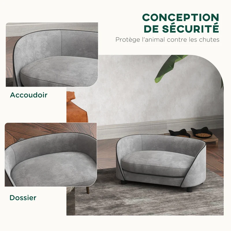 Canapé pour chien et chat petit à moyen 67 x 43 x 31 cm coussin moelleux housse lavable moderne épuré en velours gris 21_0007369
