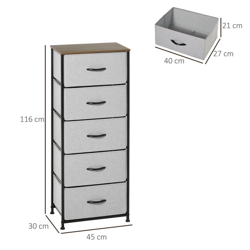 Commode 5 tiroirs rangement chambre salon 45 x 30 x 116 cm gain de place facile à monter style classique en MDF gris 21_0005842