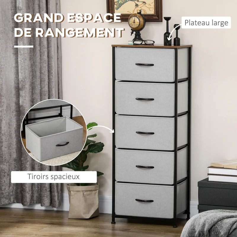 Commode 5 tiroirs rangement chambre salon 45 x 30 x 116 cm gain de place facile à monter style classique en MDF gris 21_0005842