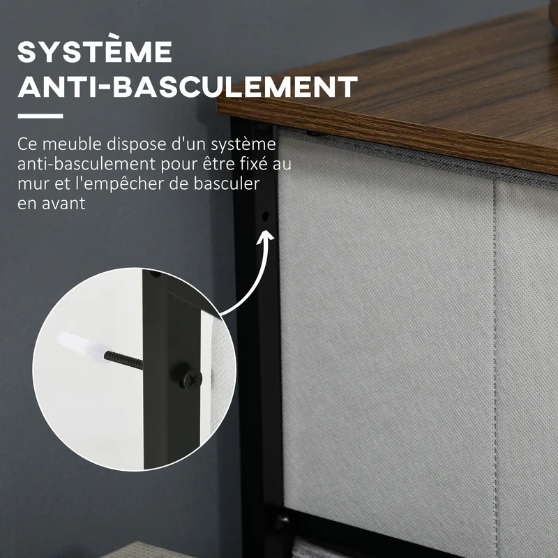 Commode 5 tiroirs rangement chambre salon 45 x 30 x 116 cm gain de place facile à monter style classique en MDF gris 21_0005842