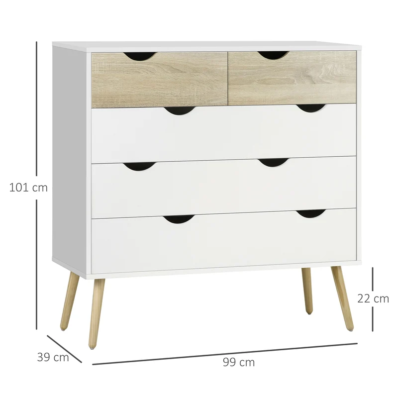 Commode 5 tiroirs rangement 99 x 39 x 101 cm tiroirs spacieux dispositif anti basculement scandinave épuré en MDF blanc 21_0001464