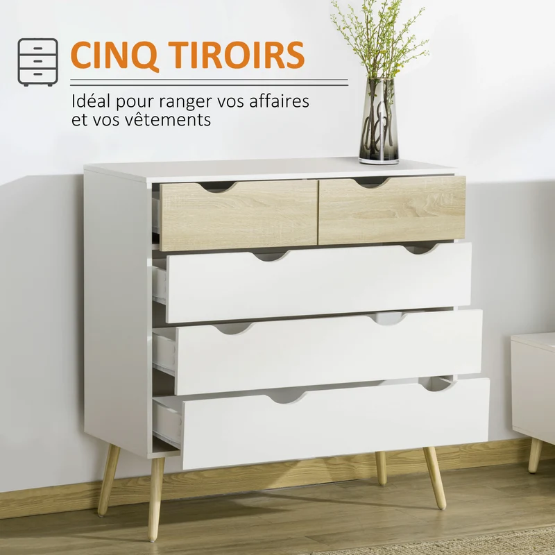 Commode 5 tiroirs rangement 99 x 39 x 101 cm tiroirs spacieux dispositif anti basculement scandinave épuré en MDF blanc 21_0001464