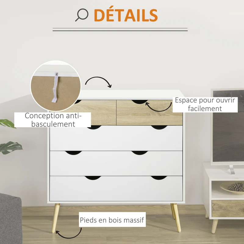 Commode 5 tiroirs rangement 99 x 39 x 101 cm tiroirs spacieux dispositif anti basculement scandinave épuré en MDF blanc 21_0001464