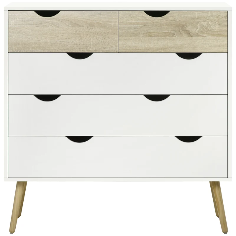 Commode 5 tiroirs rangement 99 x 39 x 101 cm tiroirs spacieux dispositif anti basculement scandinave épuré en MDF blanc 21_0001464
