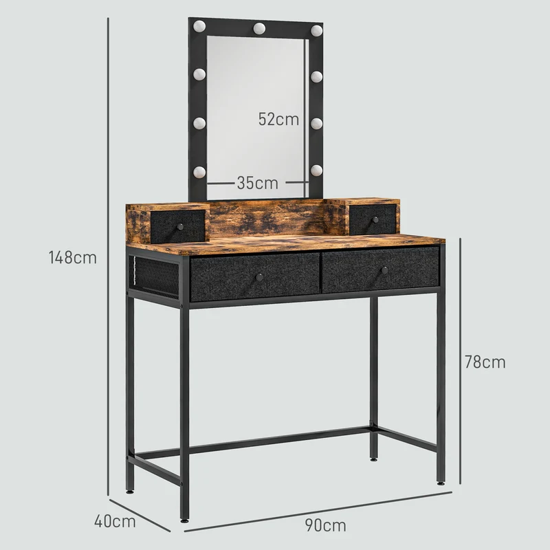 Coiffeuse maquillage miroir éclairé réglable 90 x 40 x 148 cm 4 tiroirs rangement moderne industriel en mélamine marron 21_0001608