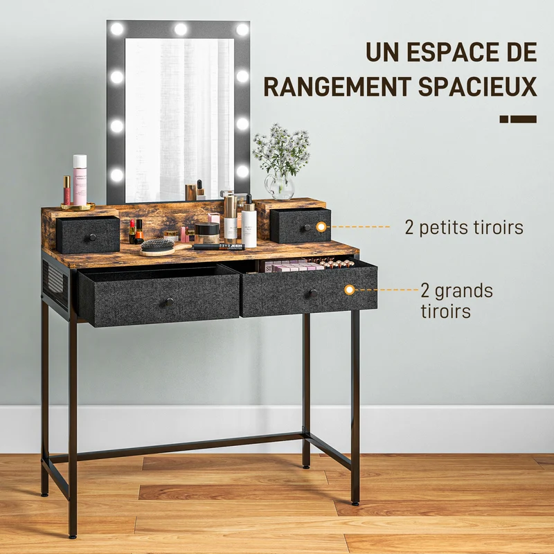 Coiffeuse maquillage miroir éclairé réglable 90 x 40 x 148 cm 4 tiroirs rangement moderne industriel en mélamine marron 21_0001608