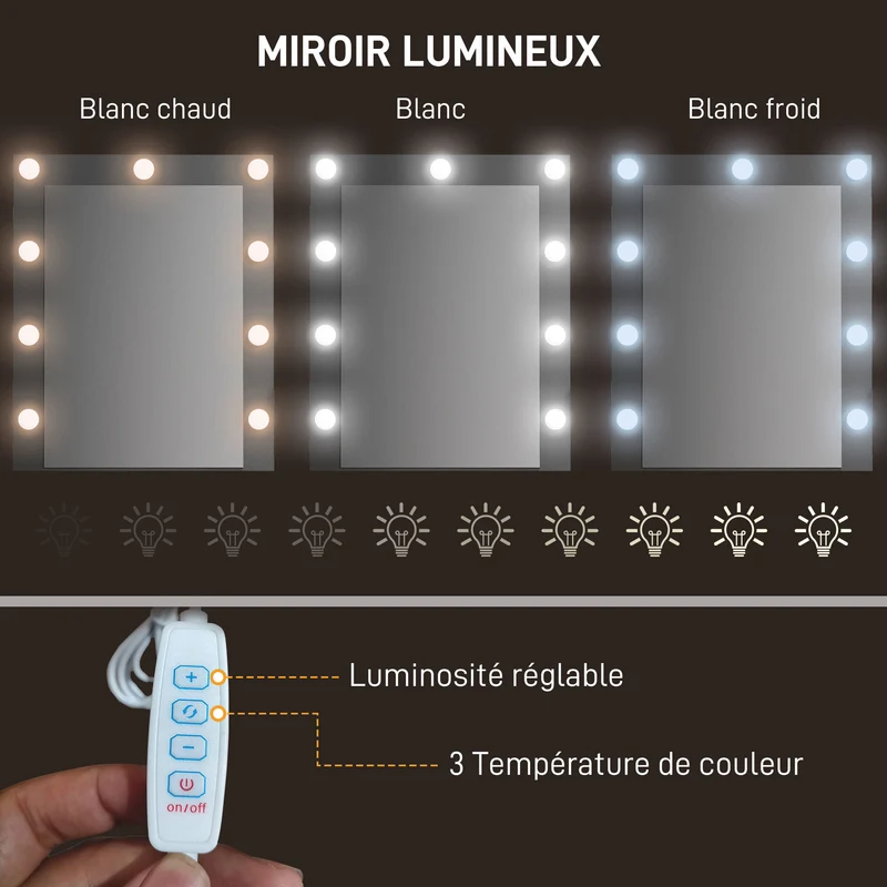 Coiffeuse maquillage miroir éclairé réglable 90 x 40 x 148 cm 4 tiroirs rangement moderne industriel en mélamine marron 21_0001608