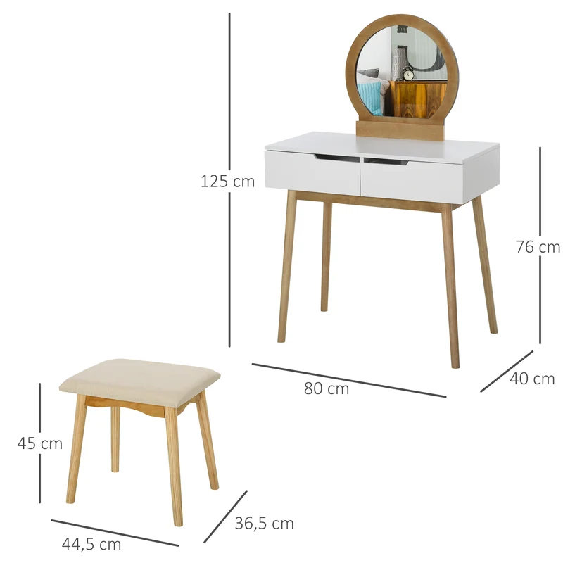 Coiffeuse chambre 80 x 40 x 125 cm miroir rond plateau 2 tiroirs avec tabouret rembourré scandinave épuré en MDF blanc 21_0001450