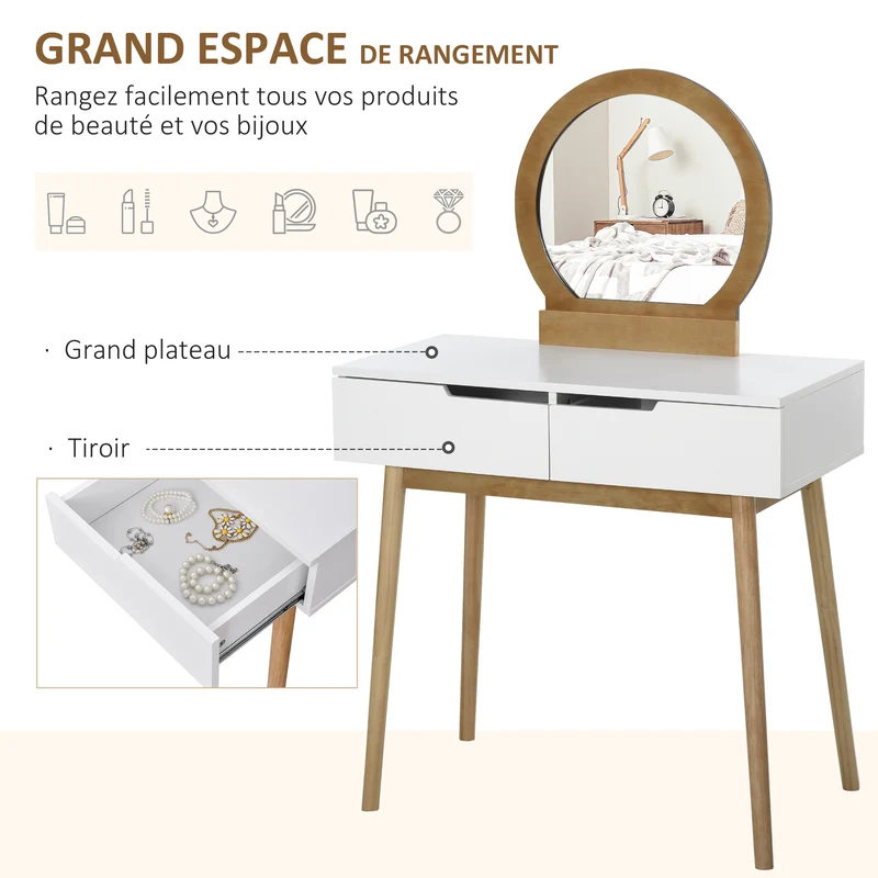 Coiffeuse chambre 80 x 40 x 125 cm miroir rond plateau 2 tiroirs avec tabouret rembourré scandinave épuré en MDF blanc 21_0001450