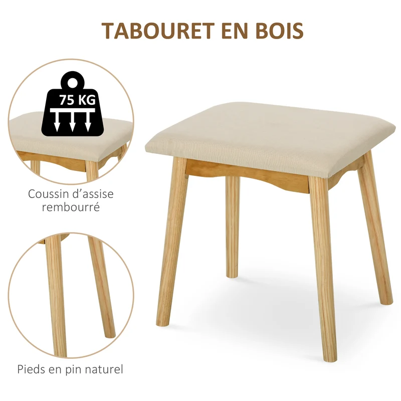 Coiffeuse chambre 80 x 40 x 125 cm miroir rond plateau 2 tiroirs avec tabouret rembourré scandinave épuré en MDF blanc 21_0001450