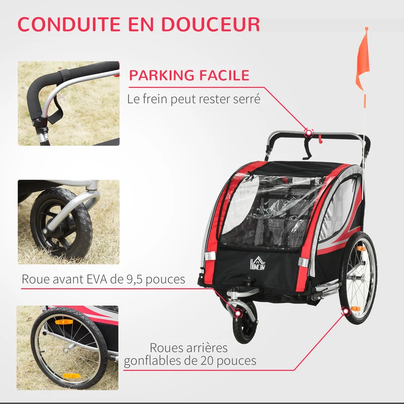 Remorque vélo convertible poussette 142 x 75 x 101 cm harnais 5 points frein à main moderne contemporain en acier rouge 21_0000761