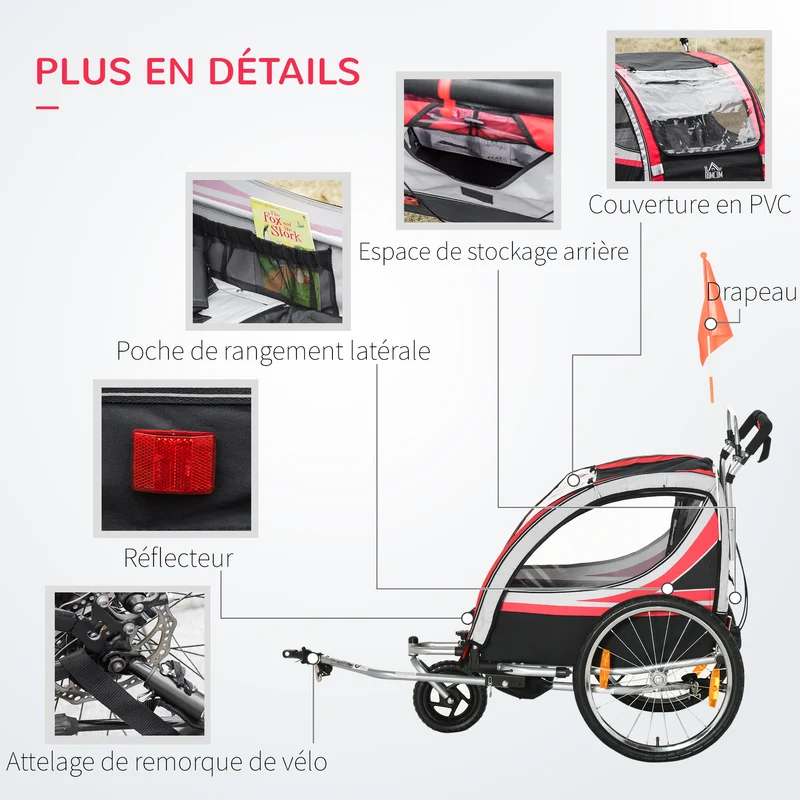 Remorque vélo convertible poussette 142 x 75 x 101 cm harnais 5 points frein à main moderne contemporain en acier rouge 21_0000761