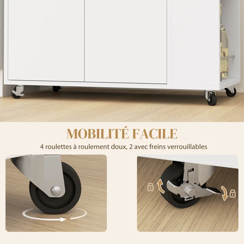 Desserte de cuisine îlot central 75 x 40 x 80,5 cm rangement modulable roulettes moderne en panneau de particules blanc 21_0001040