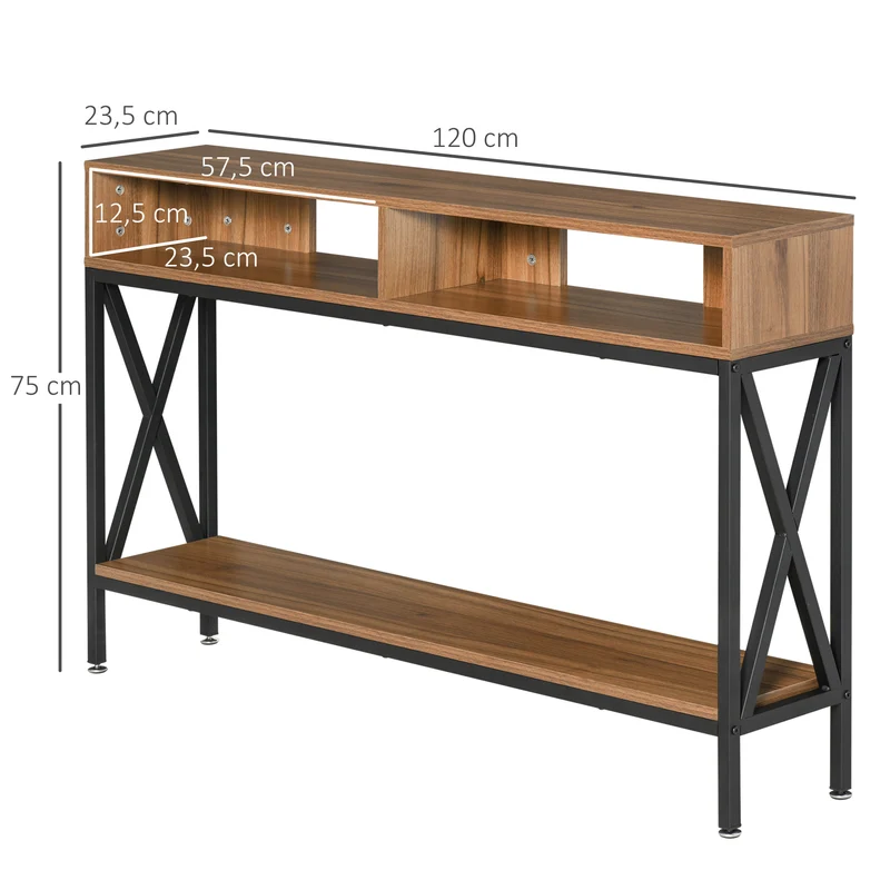 Console d'entrée multi rangements 120 x 23.5 x 75 cm étagère basse gain de place industriel en panneau de particule noyer 21_0002610