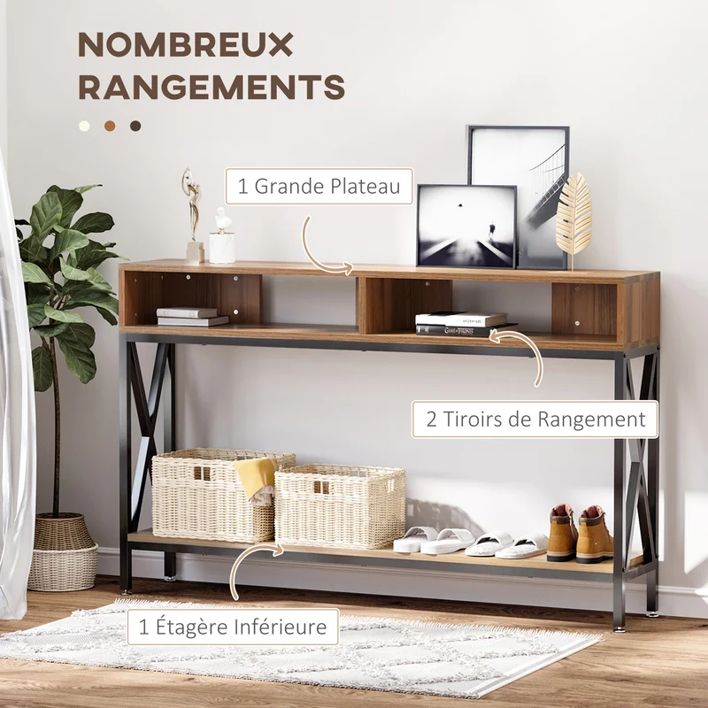 Console d'entrée multi rangements 120 x 23.5 x 75 cm étagère basse gain de place industriel en panneau de particule noyer 21_0002610