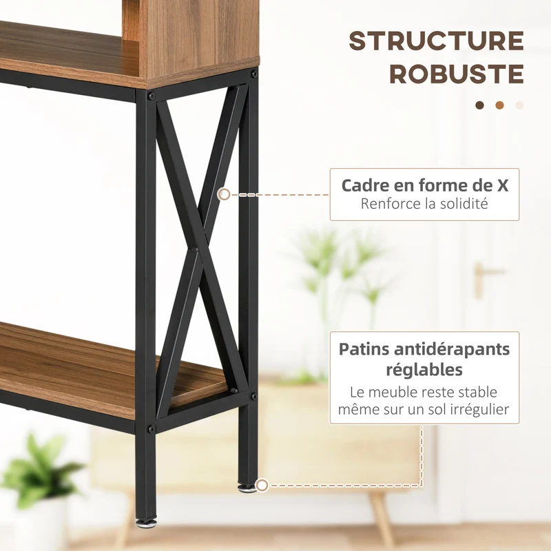 Console d'entrée multi rangements 120 x 23.5 x 75 cm étagère basse gain de place industriel en panneau de particule noyer 21_0002610