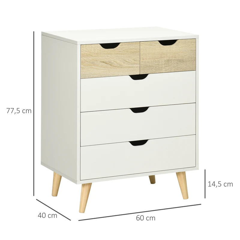 Commode 5 tiroirs chambre 60 x 40 x 77,5 cm spacieux anti-basculement scandinave épuré en panneau de particules blanc 21_0001530