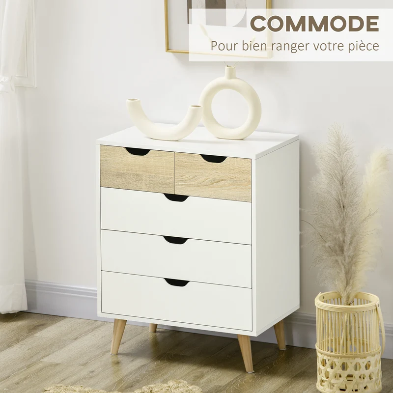Commode 5 tiroirs chambre 60 x 40 x 77,5 cm spacieux anti-basculement scandinave épuré en panneau de particules blanc 21_0001530