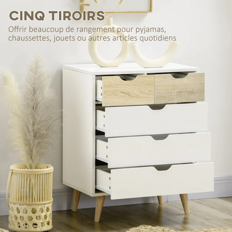 Commode 5 tiroirs chambre 60 x 40 x 77,5 cm spacieux anti-basculement scandinave épuré en panneau de particules blanc 21_0001530