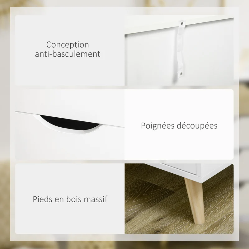 Commode 5 tiroirs chambre 60 x 40 x 77,5 cm spacieux anti-basculement scandinave épuré en panneau de particules blanc 21_0001530