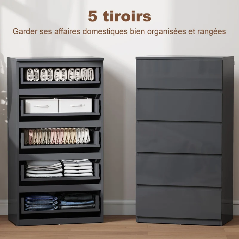 Commode 5 tiroirs 53 x 34 x 100 cm fermeture douce sécurisée design moderne sans poignée en panneau de particules gris 21_0001452