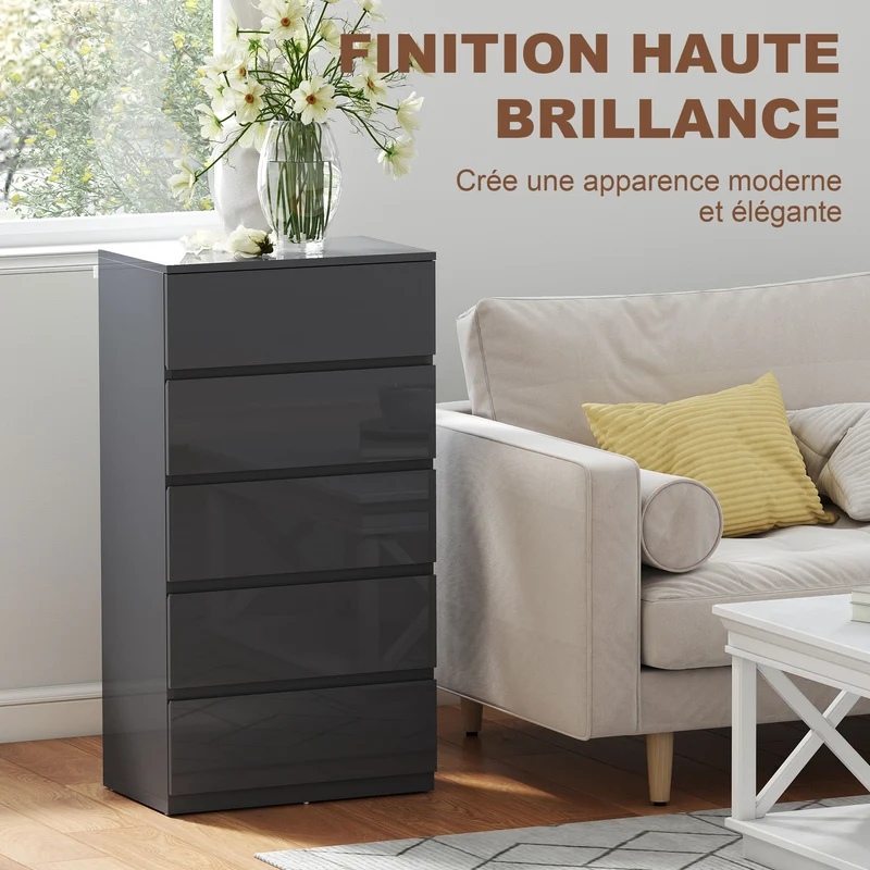 Commode 5 tiroirs 53 x 34 x 100 cm fermeture douce sécurisée design moderne sans poignée en panneau de particules gris 21_0001452
